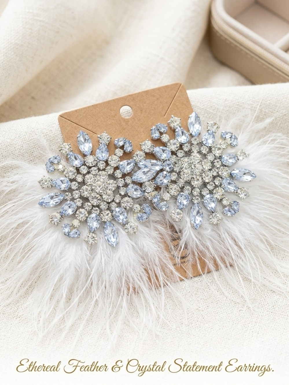 White Feather Crystal Statement Earrings - Sparkling Bridal Accent